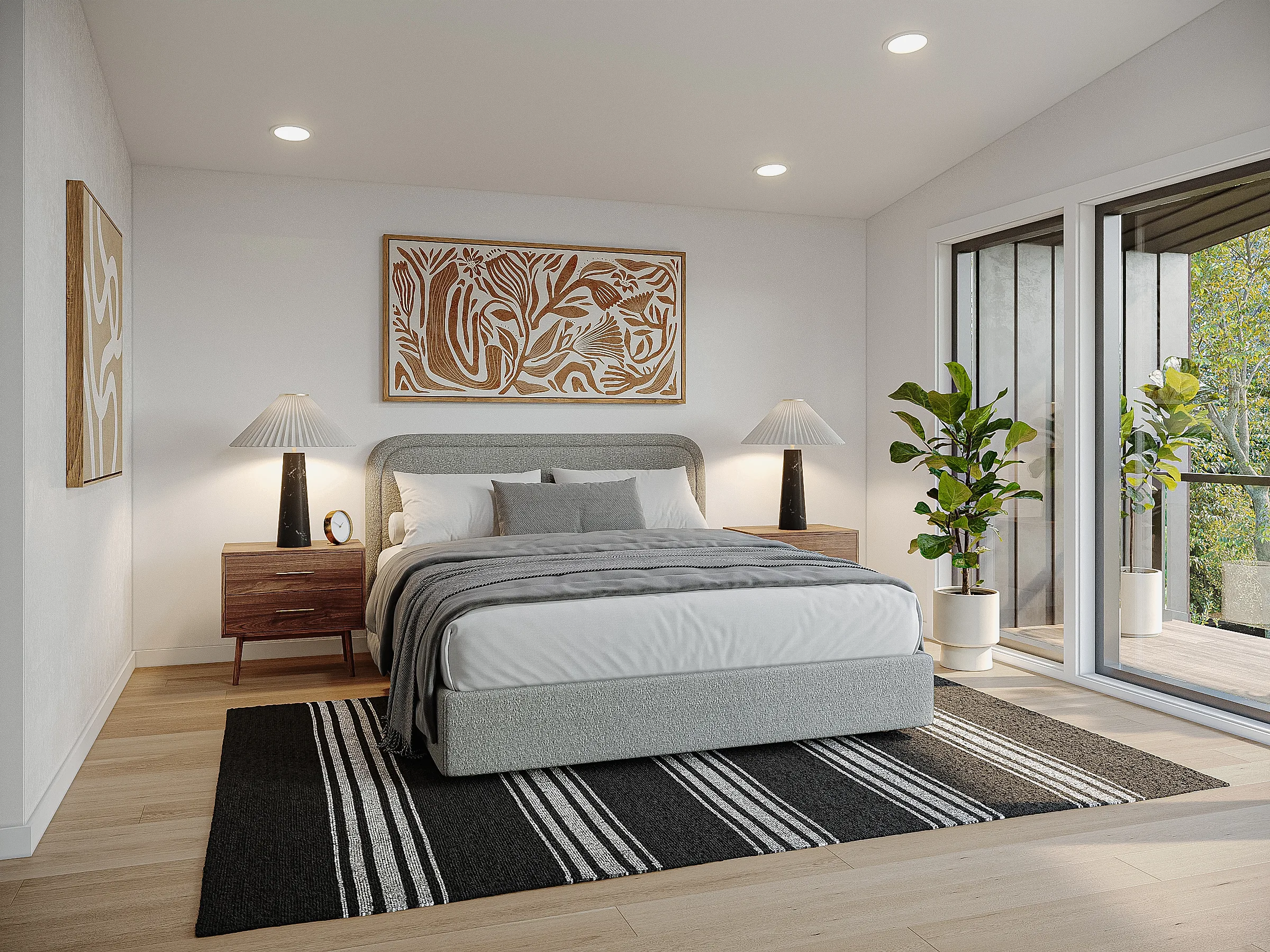 Calm bedroom with timber bedside cabinets, a grey upholstered bed and natural light from full-height garden glazing